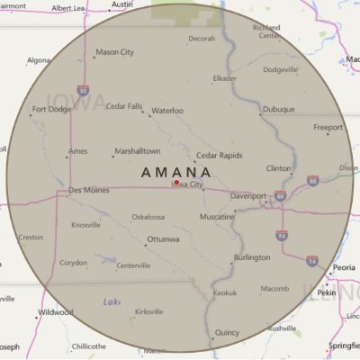 Map of Amana with a designated 150 mile radius highlighted