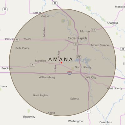 Map of Amana with a designated 30 mile radius highlighted