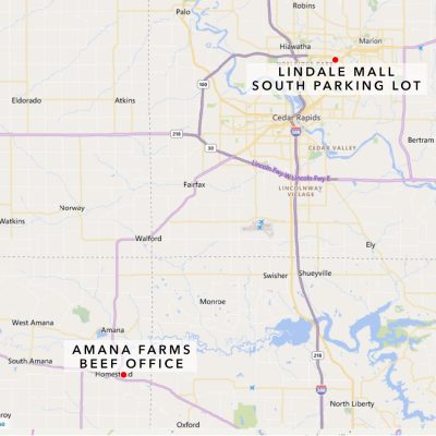 Map that shows Amana farms beef office and lindale mall locations